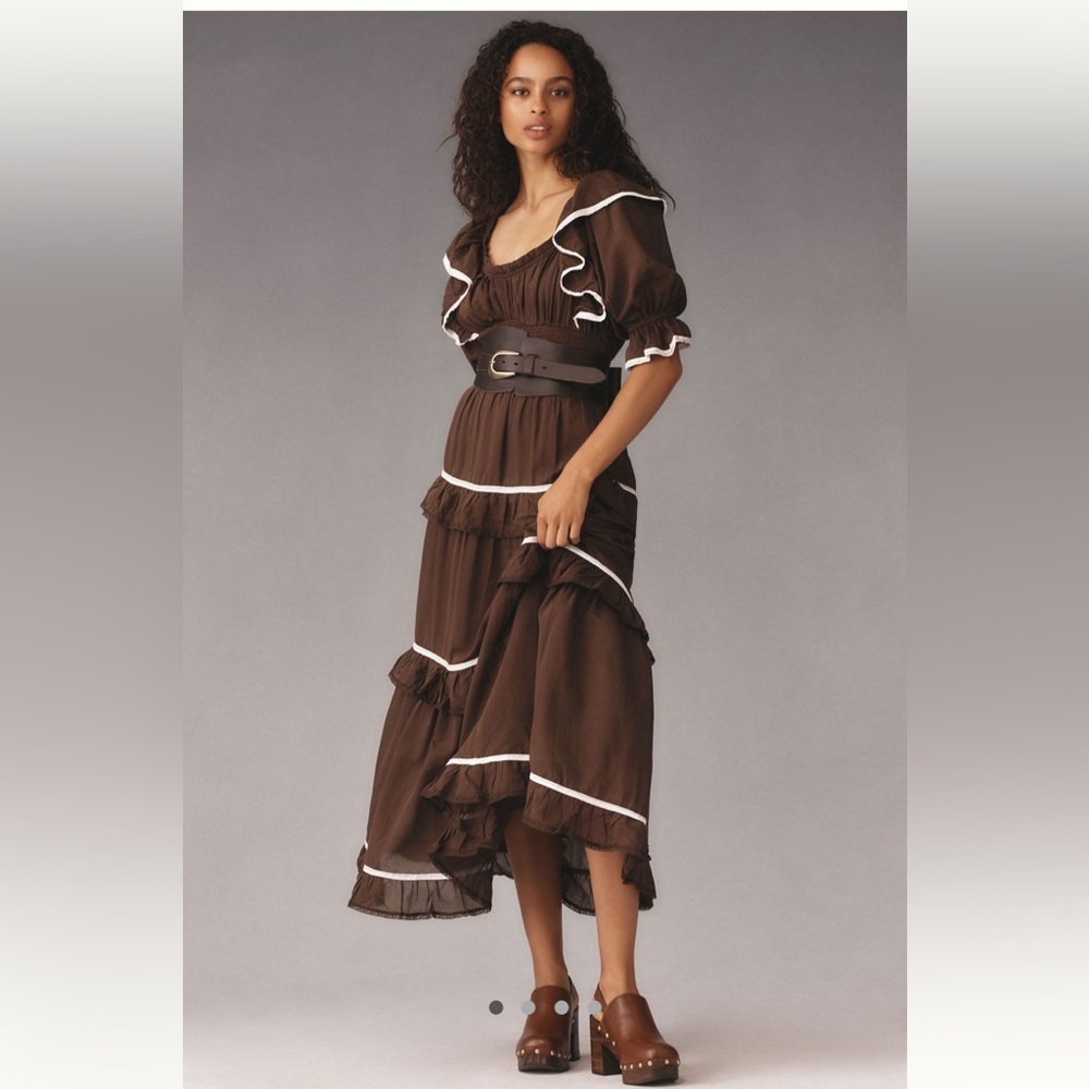 Puff Sleeve Scoop Neck Tiered Maxi Dress with White Accents